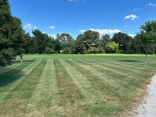 Lawn with striped mowing pattern under a bright blue sky, bordered by trees and a gravel path.