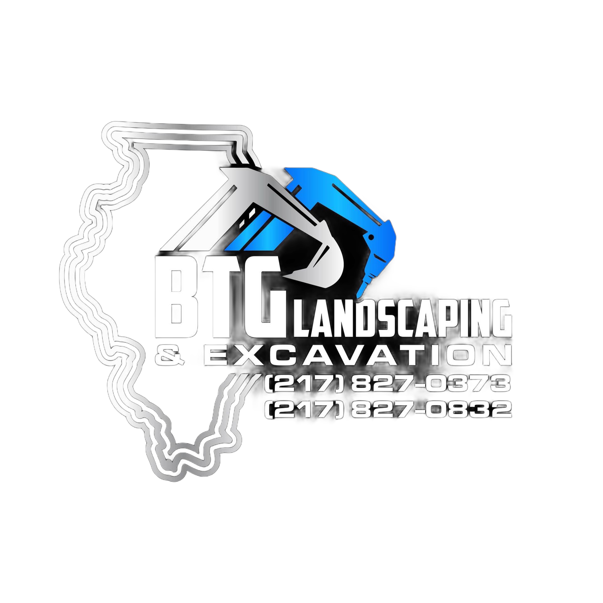 Logo for BTC Landscaping & Excavation with a blue and silver excavator over an outline of Illinois.