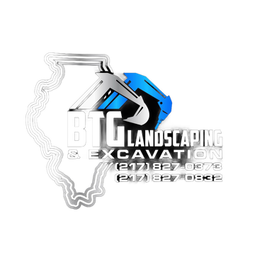 Logo for BTC Landscaping & Excavation with a blue and silver excavator over an outline of Illinois.