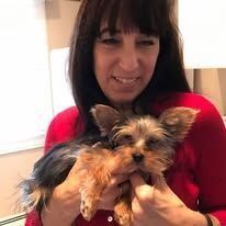 Woman in red holding a small tan-and-black dog indoors, both facing the camera.