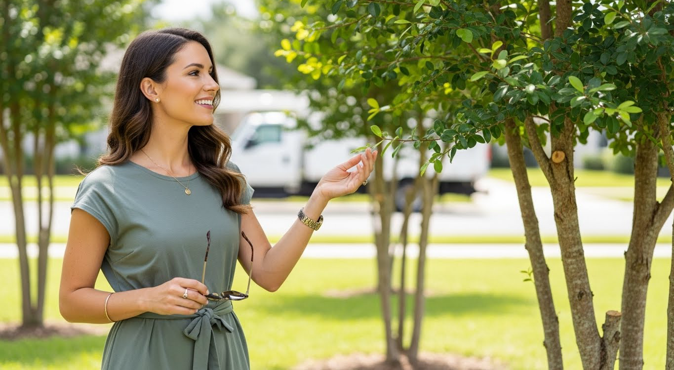 A person in a green dress stands outdoors near a tree, smiling and touching the leaves with their hand.