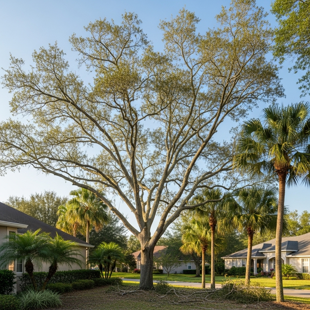 A large, spreading deciduous tree stands in a grassy yard between palm trees and houses under a clear blue sky.