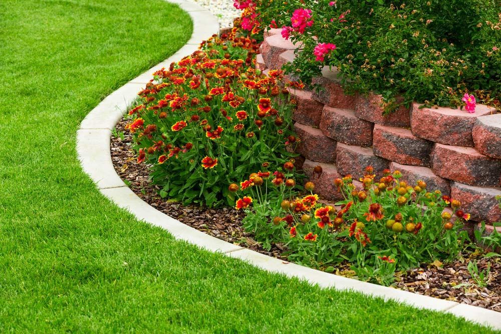A Lush Green Lawn with Flowers and A Stone Wall — Pick-A-Bunch Florists & Gifts In Armstrong Beach, QLD