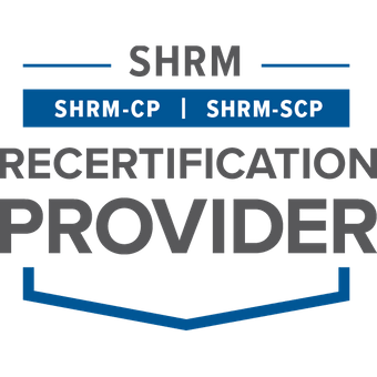 SHRM Recertification Provider badge: blue and gray text, SHRM-CP and SHRM-SCP certifications.