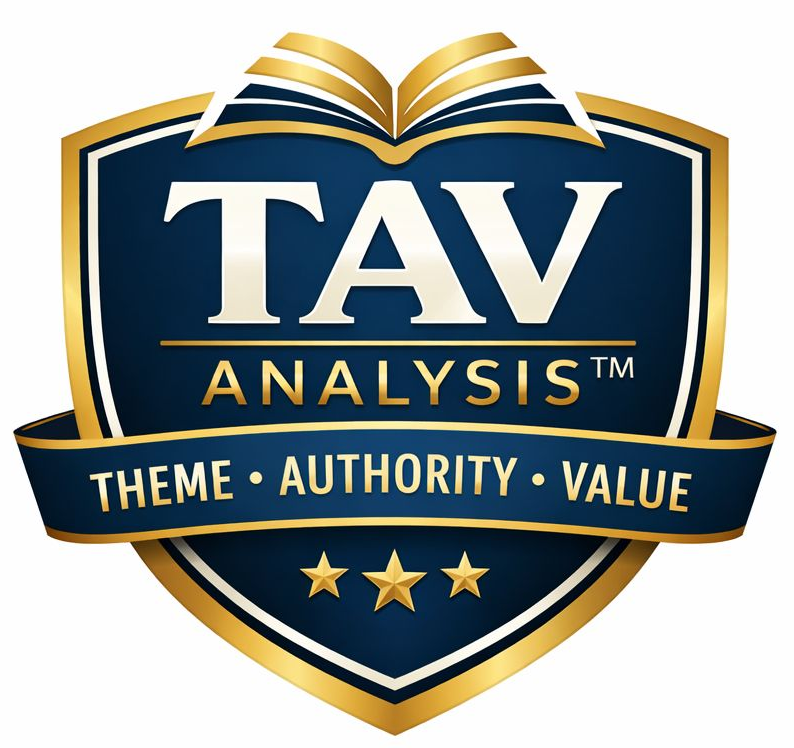 A blue and gold shield logo for TAV Analysis, featuring an open book, the acronym TAV, and the text