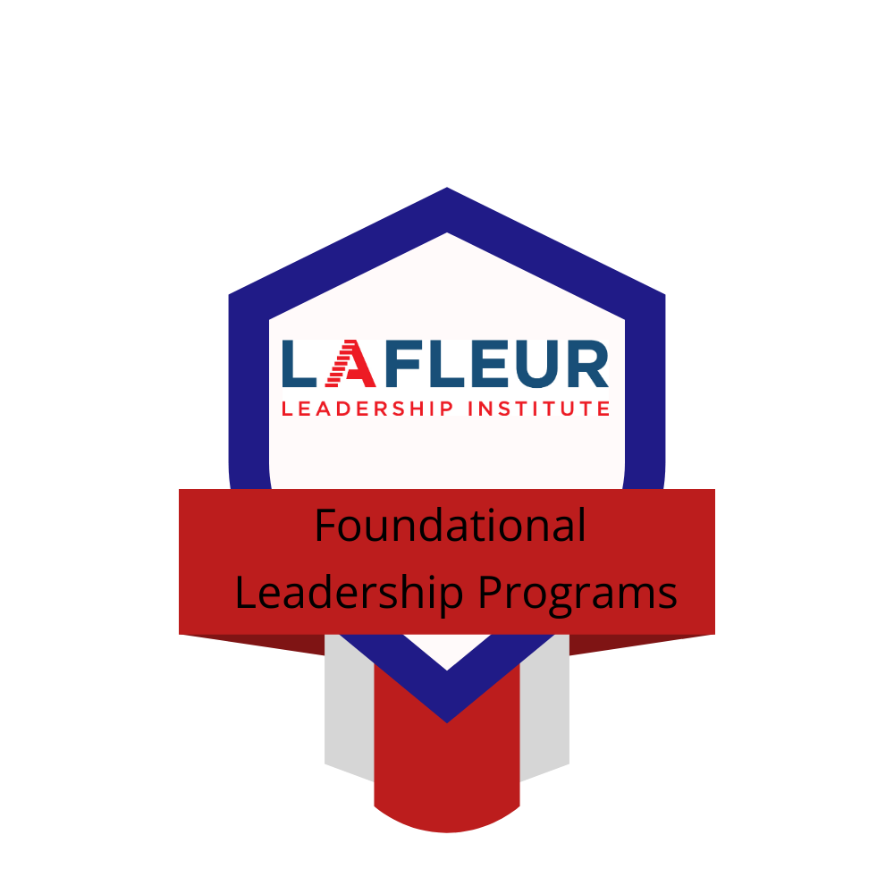 Logo for La Fleur Leadership Institute. A blue and red badge with 