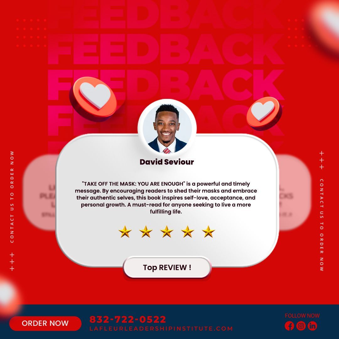 Testimonial ad with a smiling man and five-star rating; red and white color scheme.