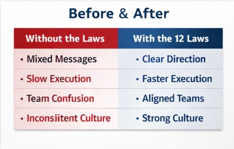A comparison table titled Before & After, contrasting negative outcomes without the 12 laws with positive results with them.
