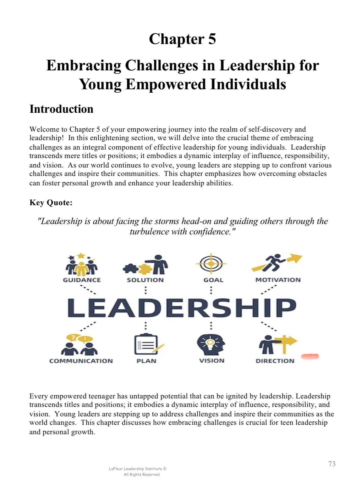 Chapter 5 page on leadership, with a word cloud and icons.