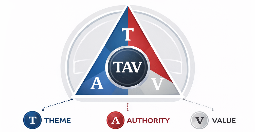 A triangle divided into blue, red, and silver sections labeled T, A, and V, standing for Theme, Authority, and Value.