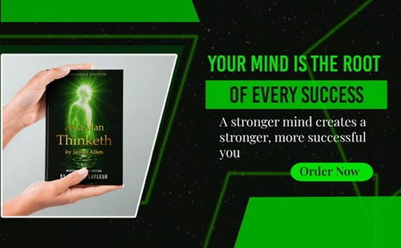 Book cover "Thinketh" in hand, green-themed ad promoting a stronger mind for success; "Order Now" button.