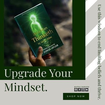 Hand holding a book titled "As a Man Thinketh." Text: "Upgrade Your Mindset." "Use this wisdom to end limiting beliefs."