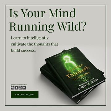 Ad promoting "Thinketh" book. Shows stacked books with green cover & bright light figure, asking, "Is Your Mind Running Wild?"