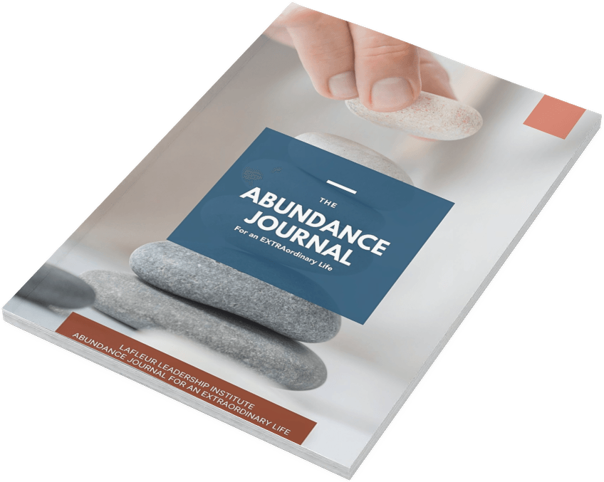 The Abundance Journal cover. Blue title over stack of stones; hand places another stone.