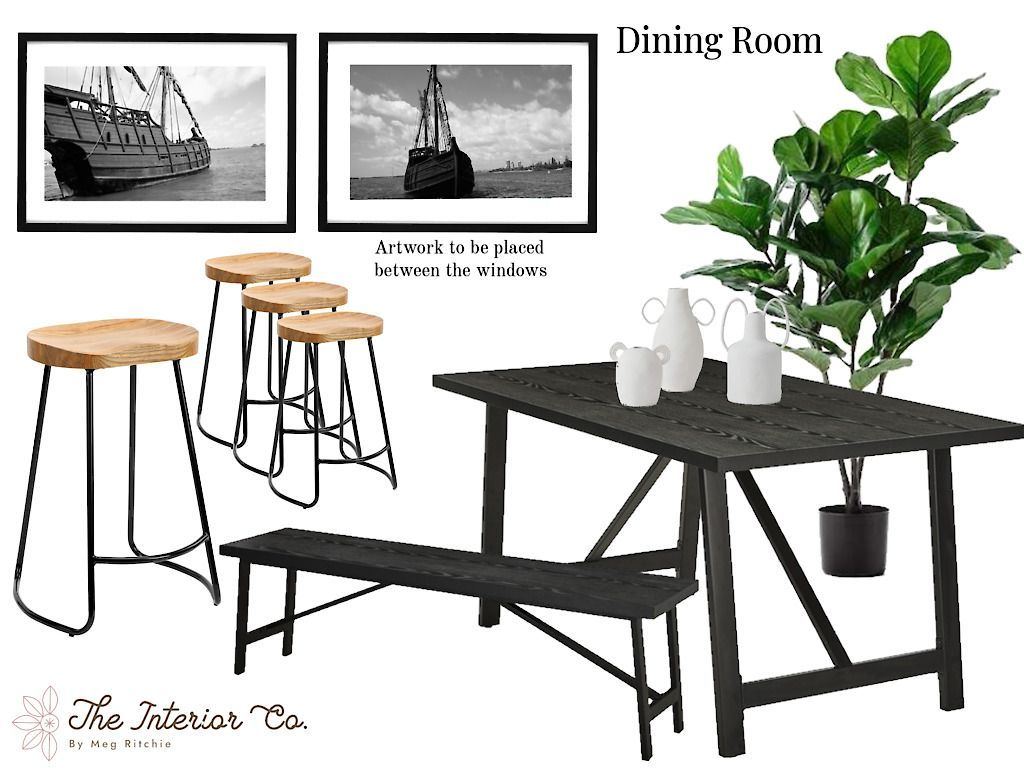 A dining room with a table , stools , and a plant.