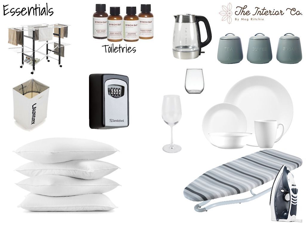 A collage of essentials including pillows , plates , glasses , and an ironing board