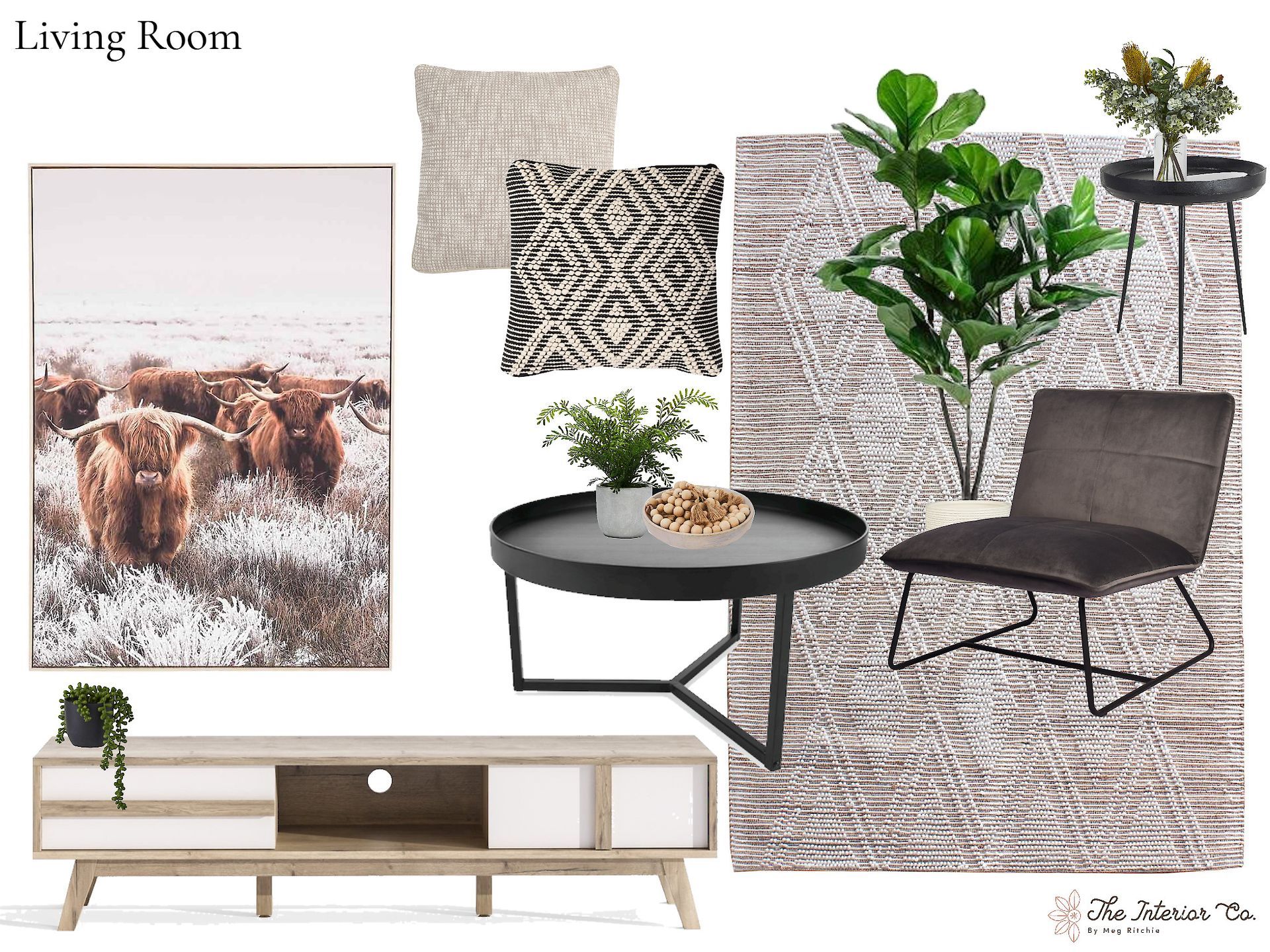 A living room with a table , chair , rug and painting.
