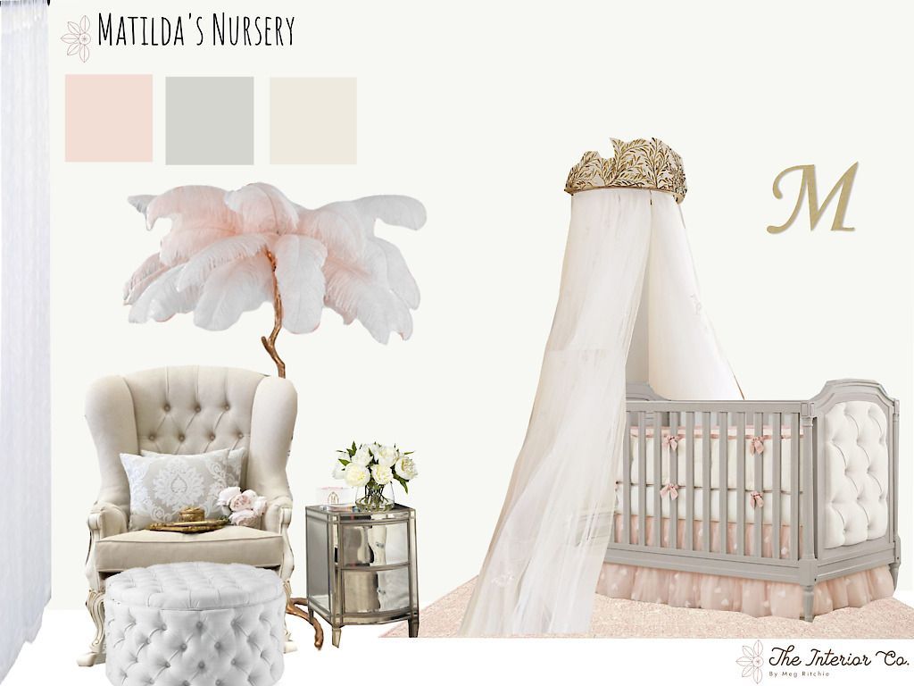 A baby girl 's nursery with a crib , chair , ottoman and canopy.