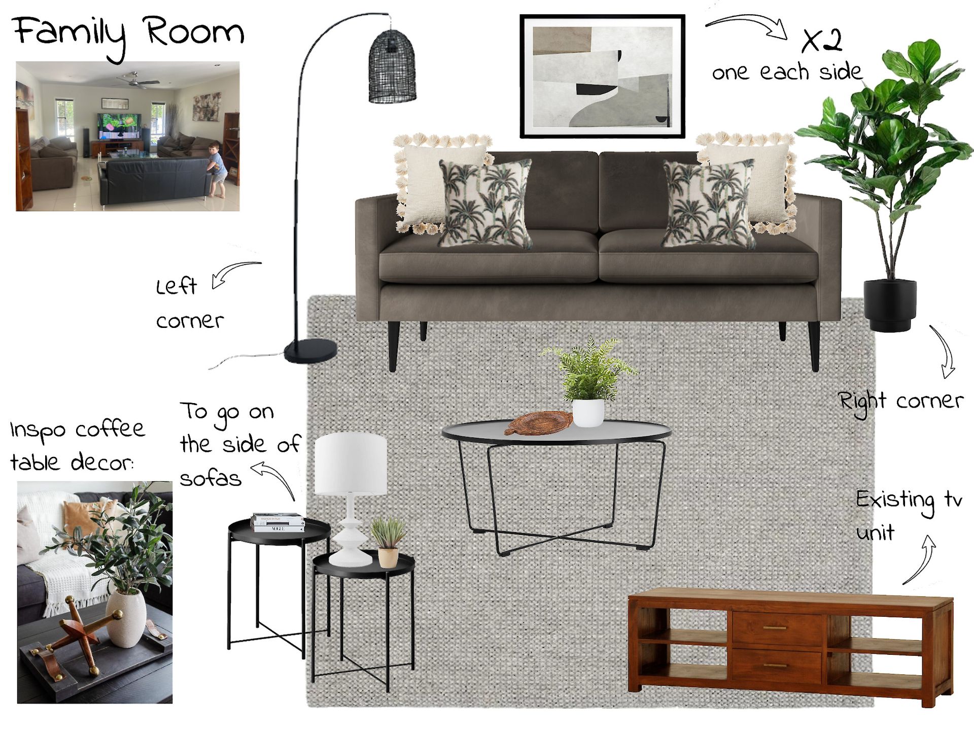 A family room with a couch , coffee table , and rug.