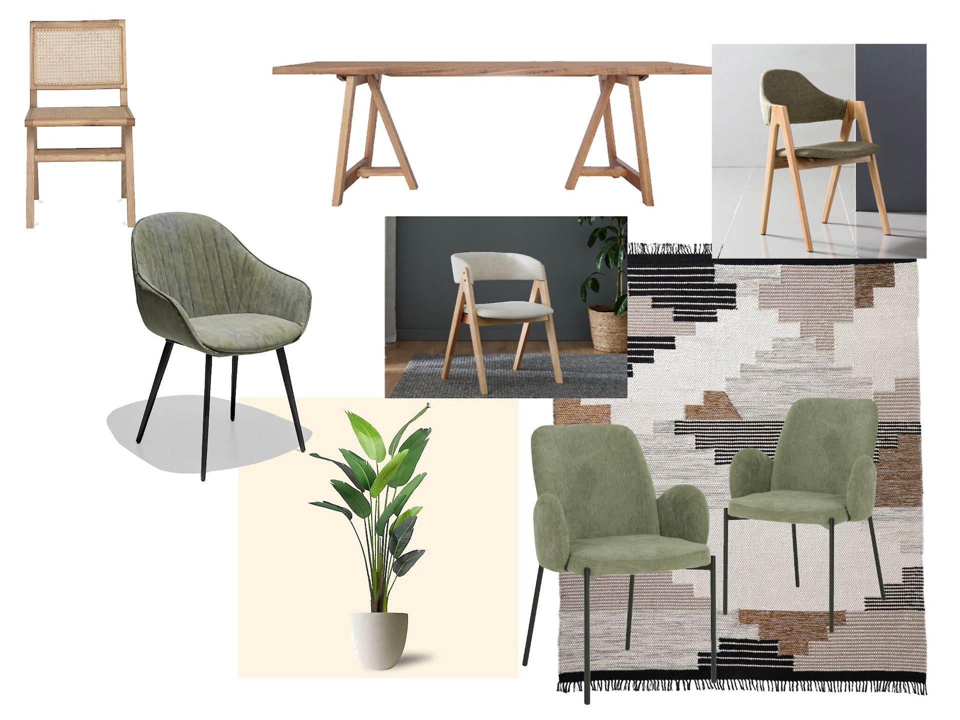 A collage of pictures of chairs , a table and a plant.