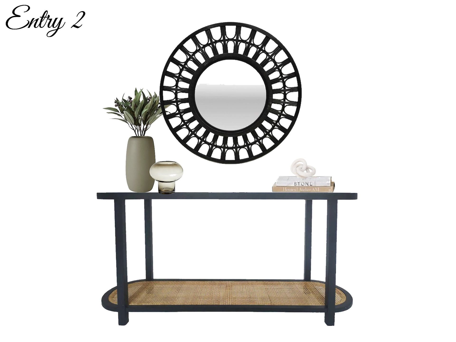A console table with a mirror on top of it.