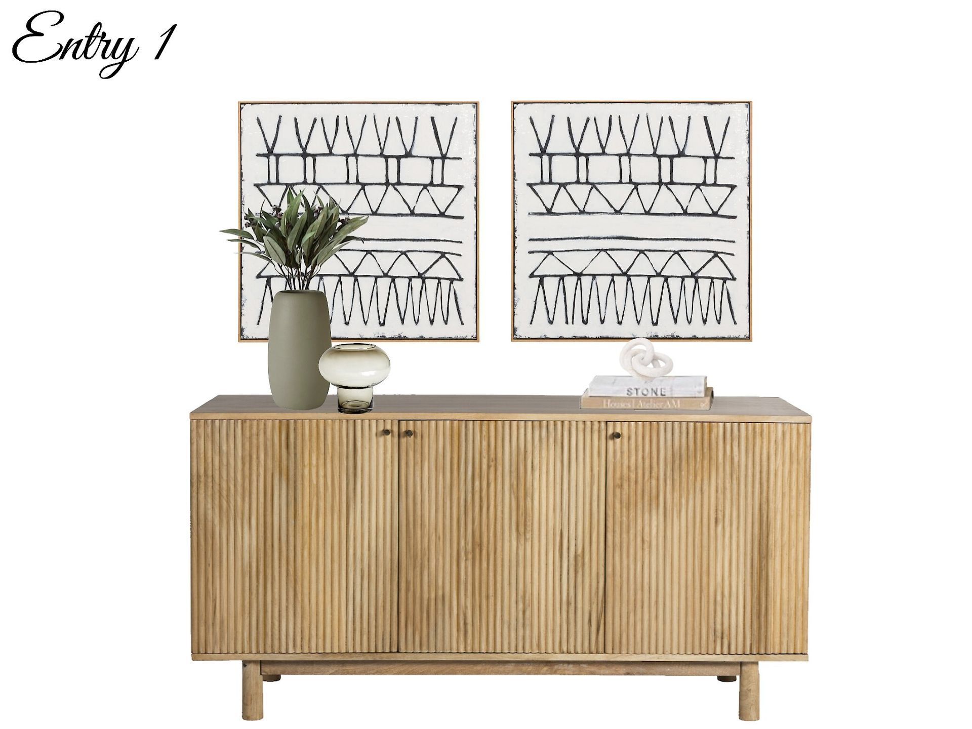 A wooden dresser with two vases and two paintings on the wall.