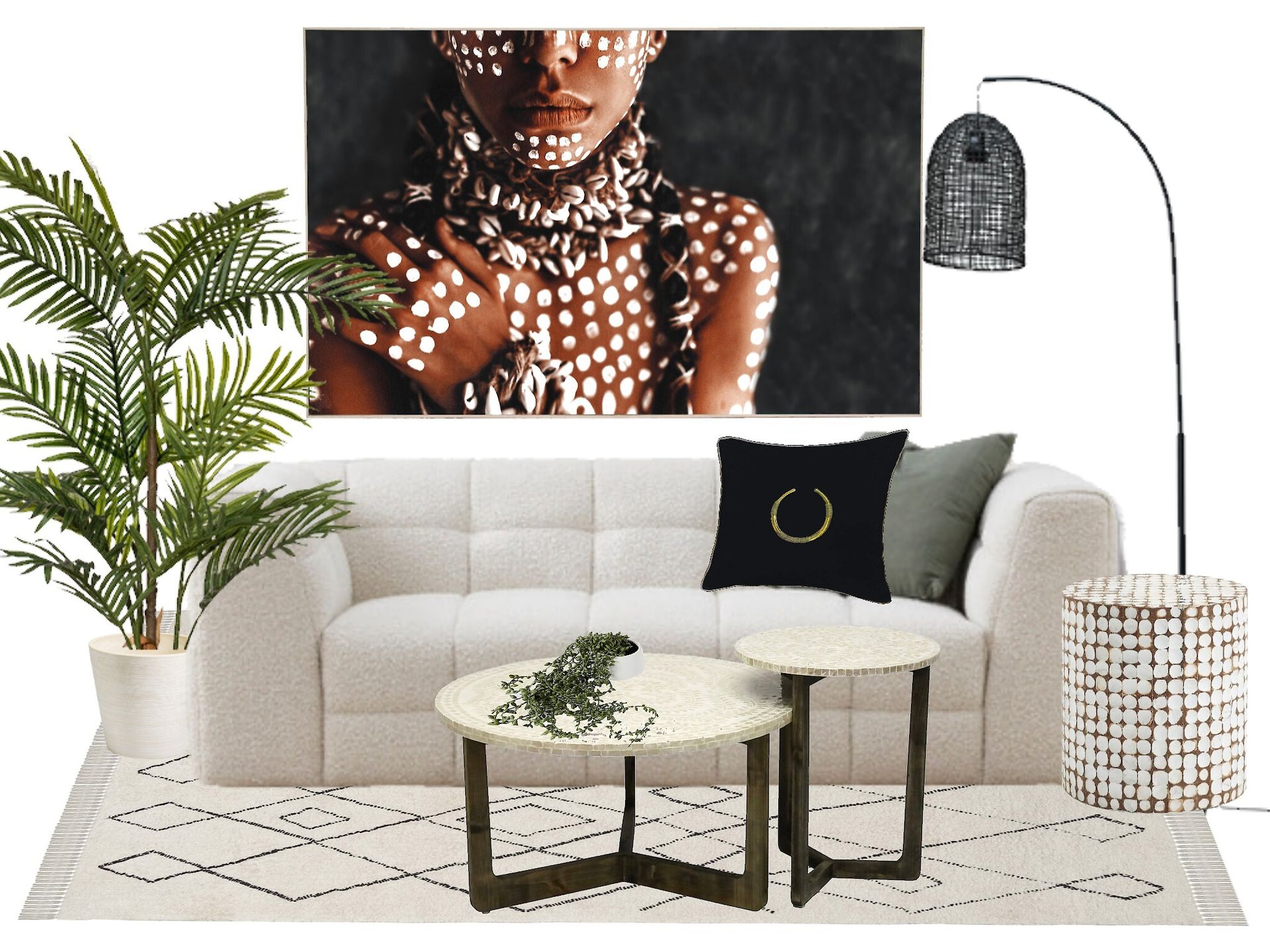 A living room with a couch and two coffee tables