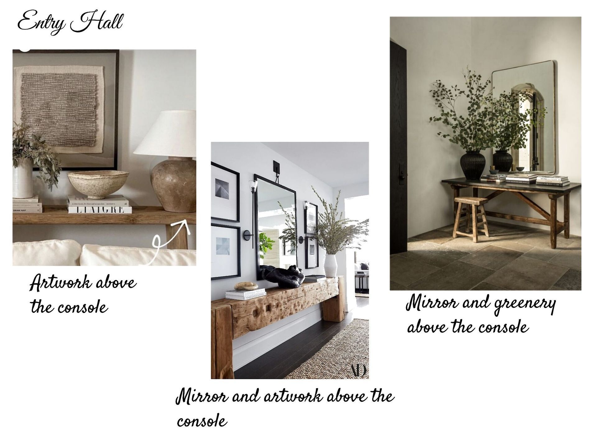 A collage of three pictures of a living room with a console table and a mirror.