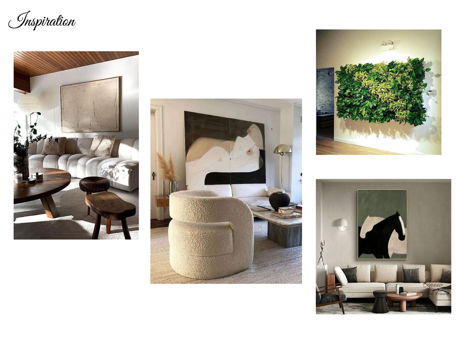 A living room with a couch , chair , table and paintings on the wall.