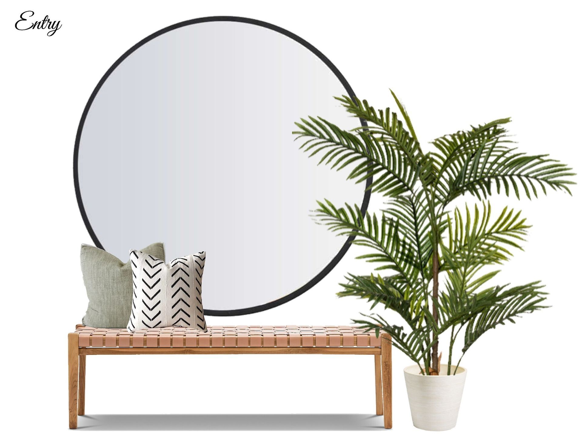 A wooden bench with pillows and a large mirror next to a potted plant.