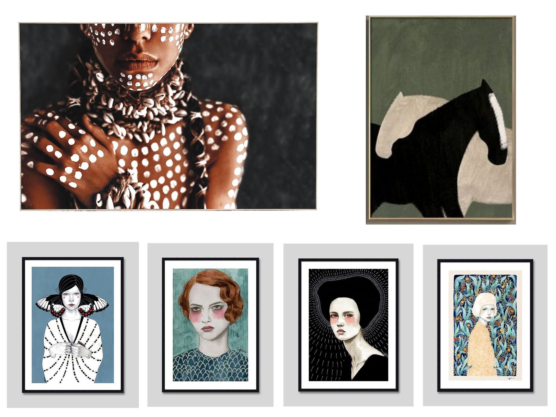 A collection of paintings including a woman and a horse