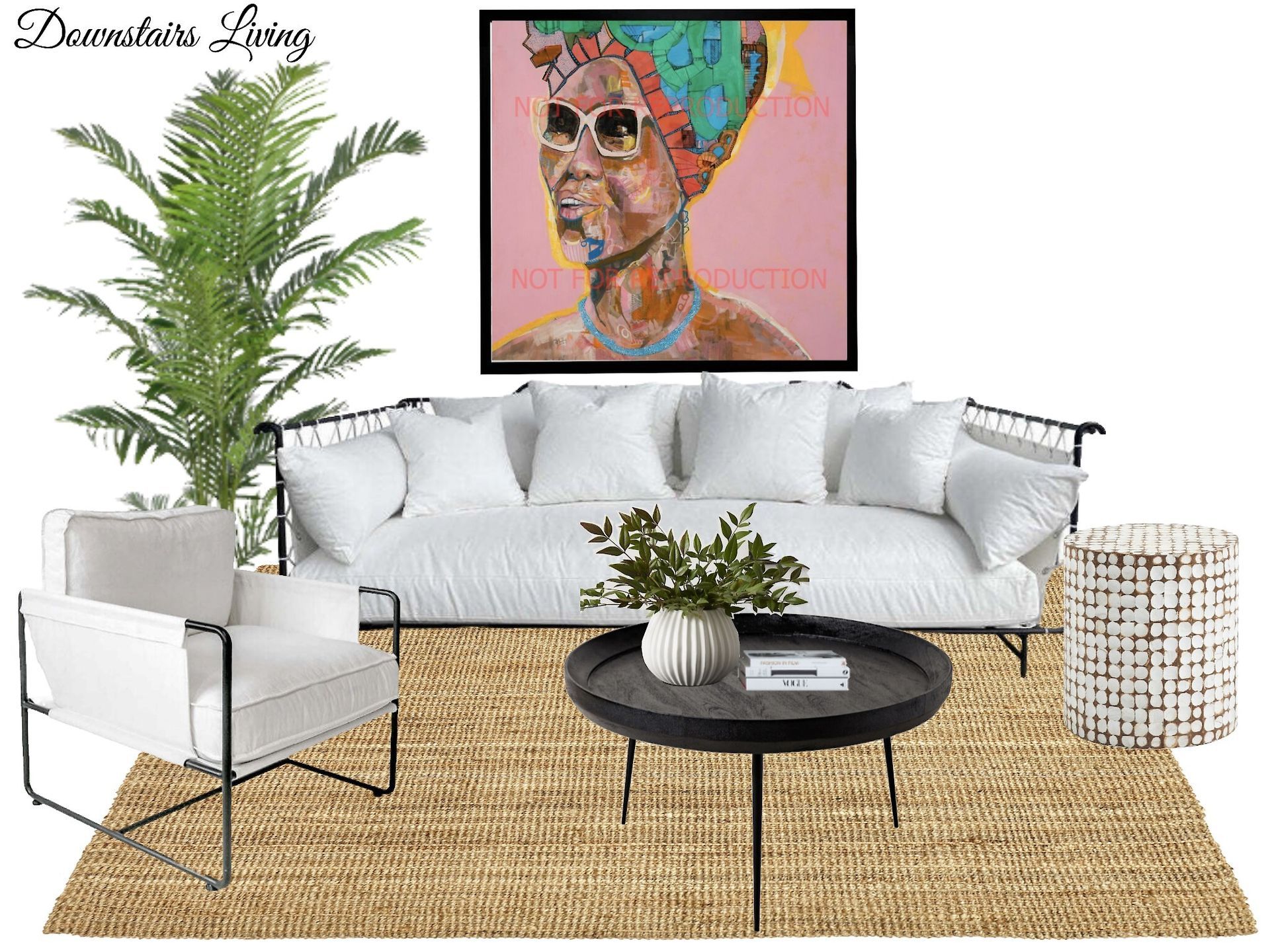 A living room with a couch , chair , coffee table and a painting on the wall.