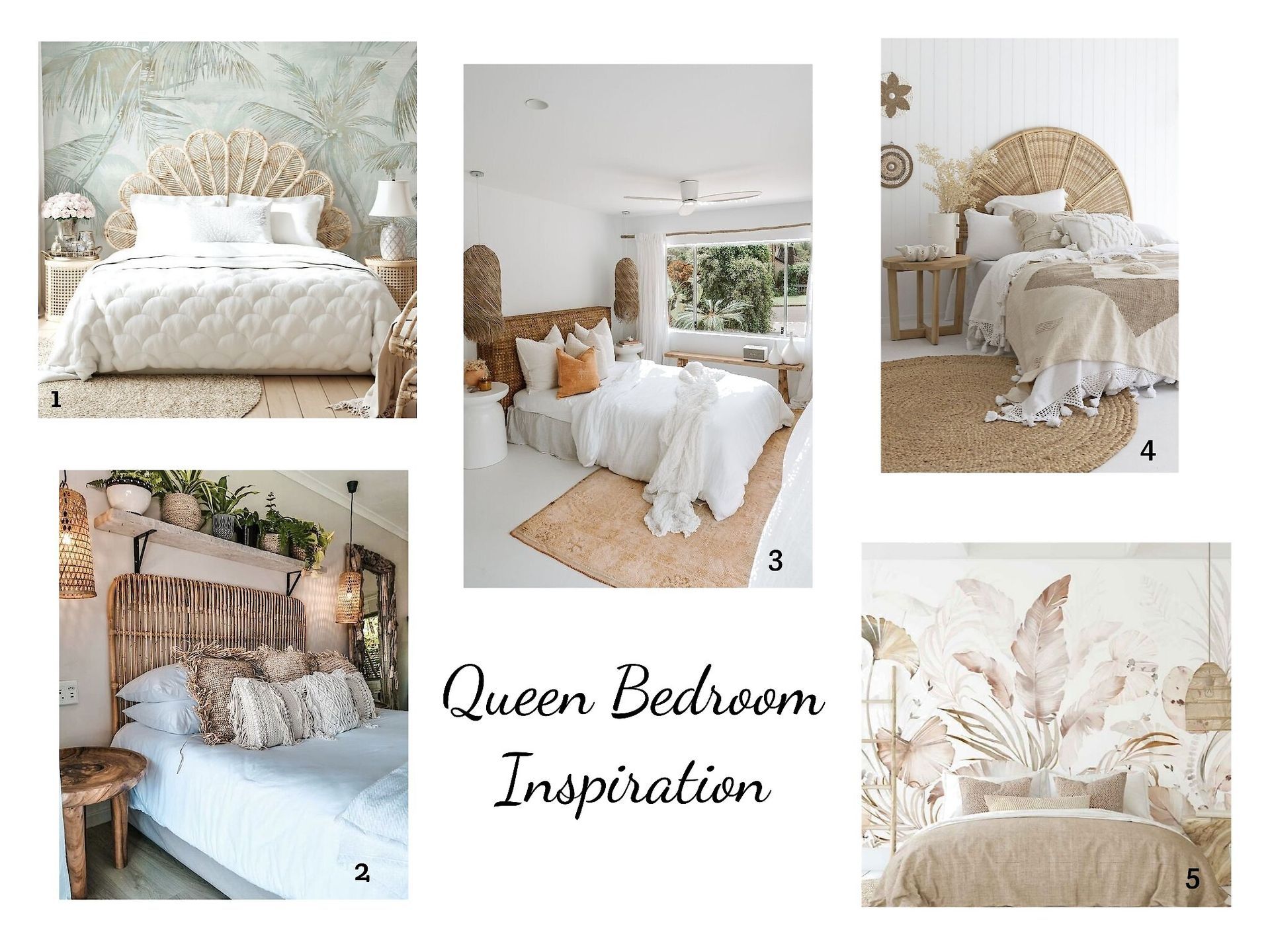 A collage of four pictures of queen bedroom inspiration
