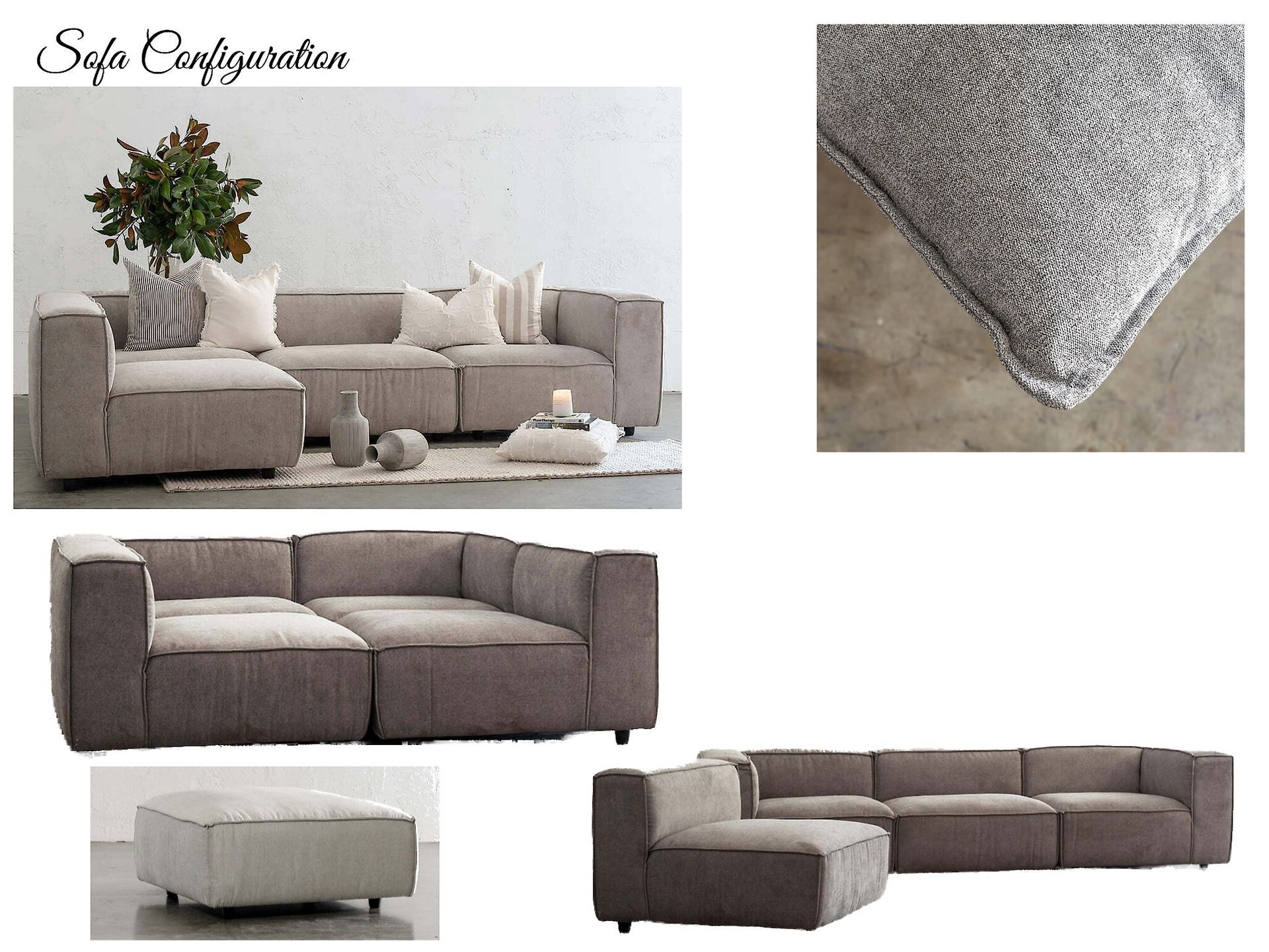 A collage of pictures of a couch and ottoman with the words ' sofa configuration ' on the bottom