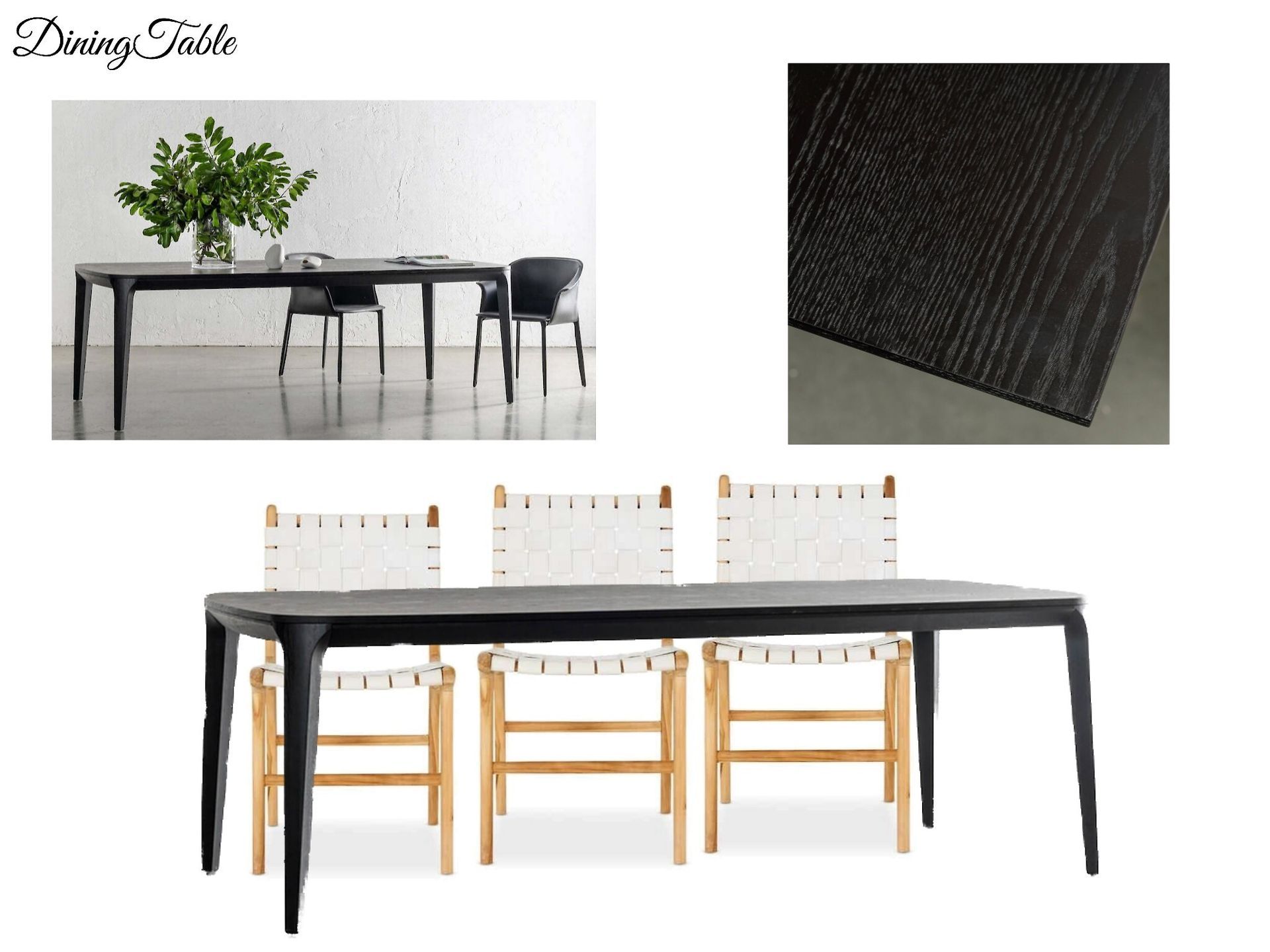 A picture of a dining table with chairs and a picture of a rug