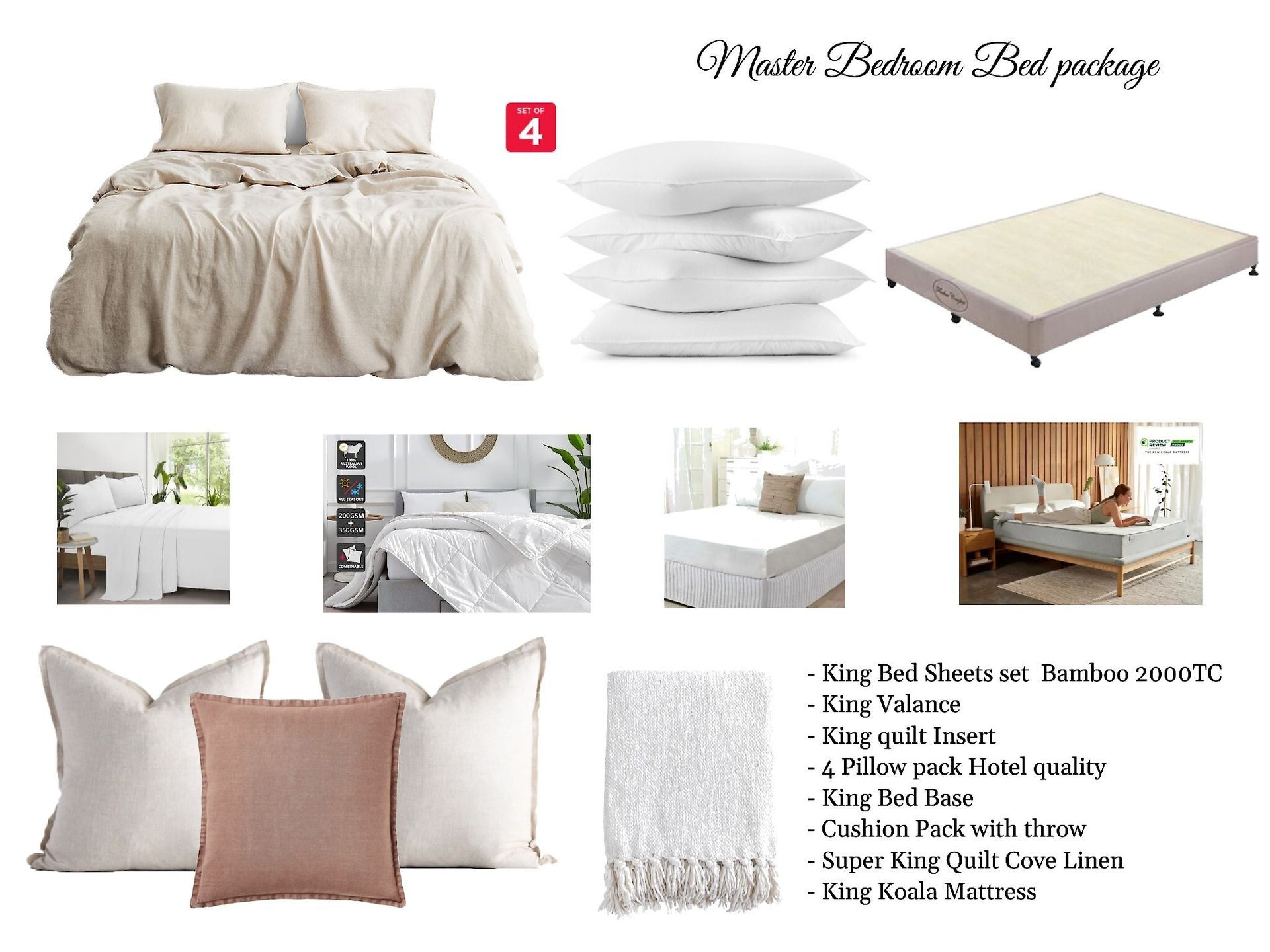 A bed with white sheets , pillows , a mattress and a blanket.