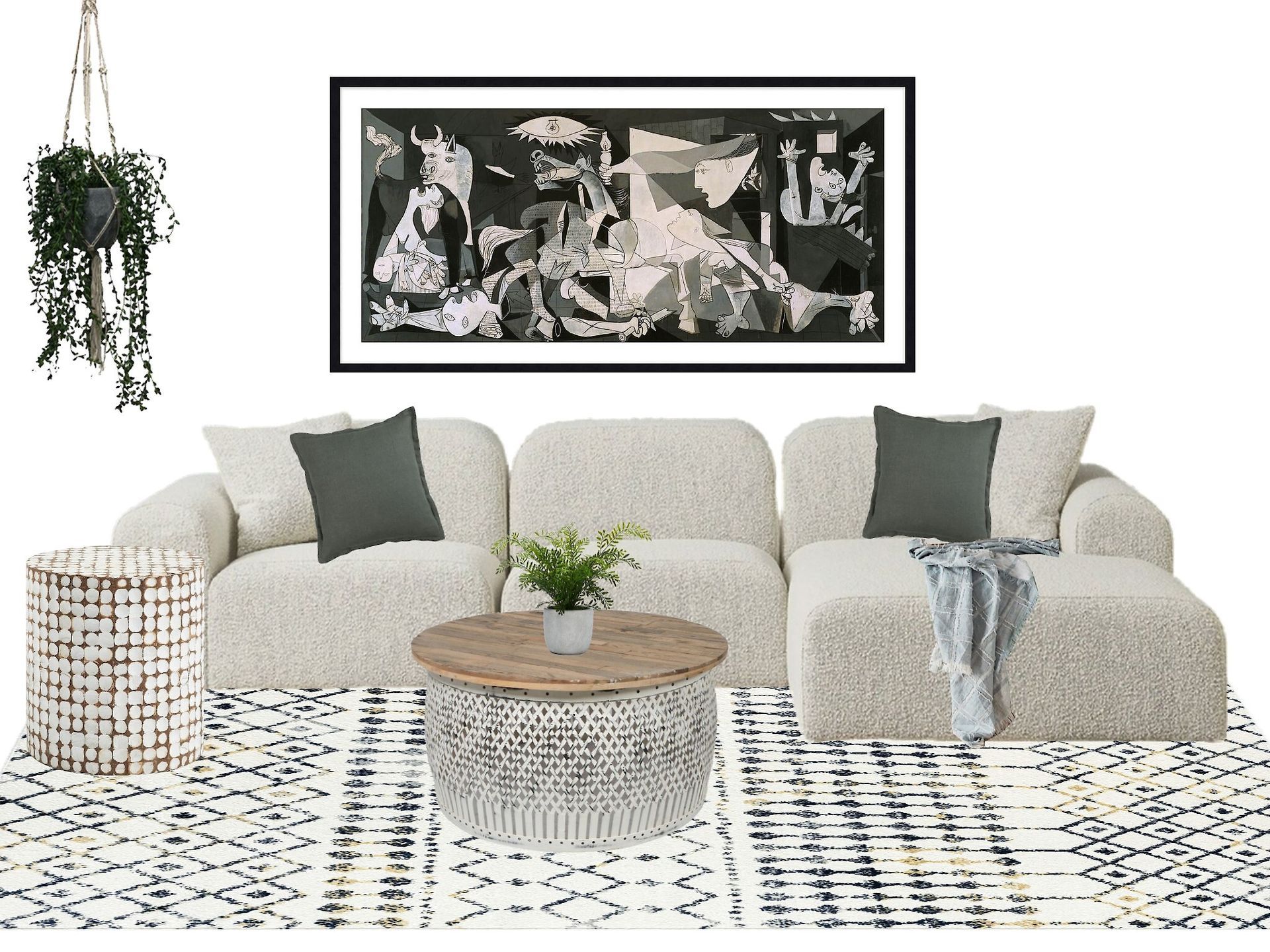 A living room with a couch , coffee table , rug and painting on the wall.