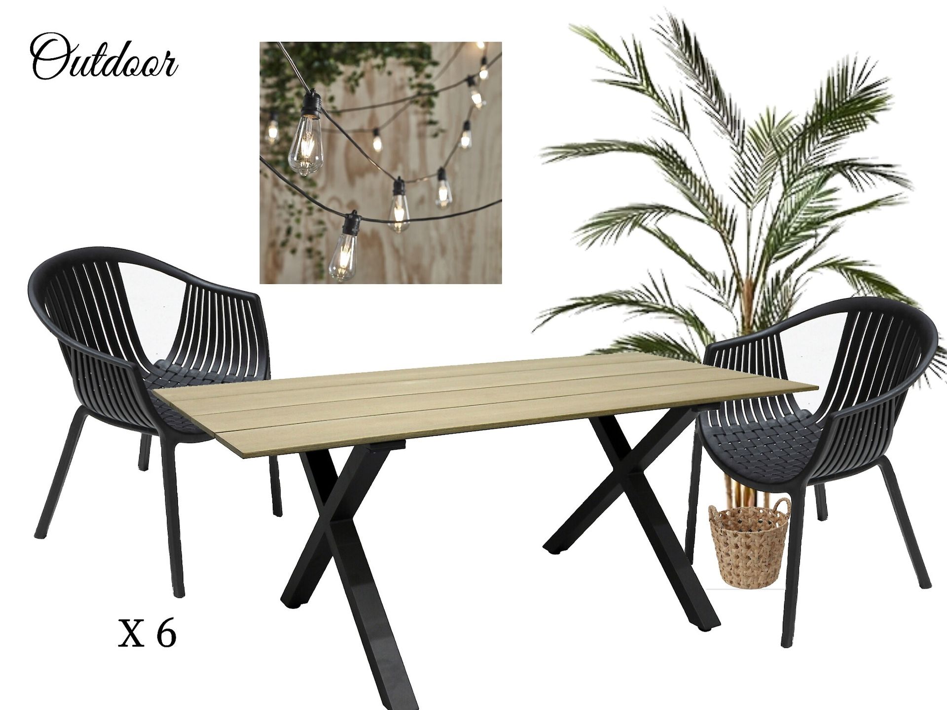 A table and chairs with a palm tree in the background