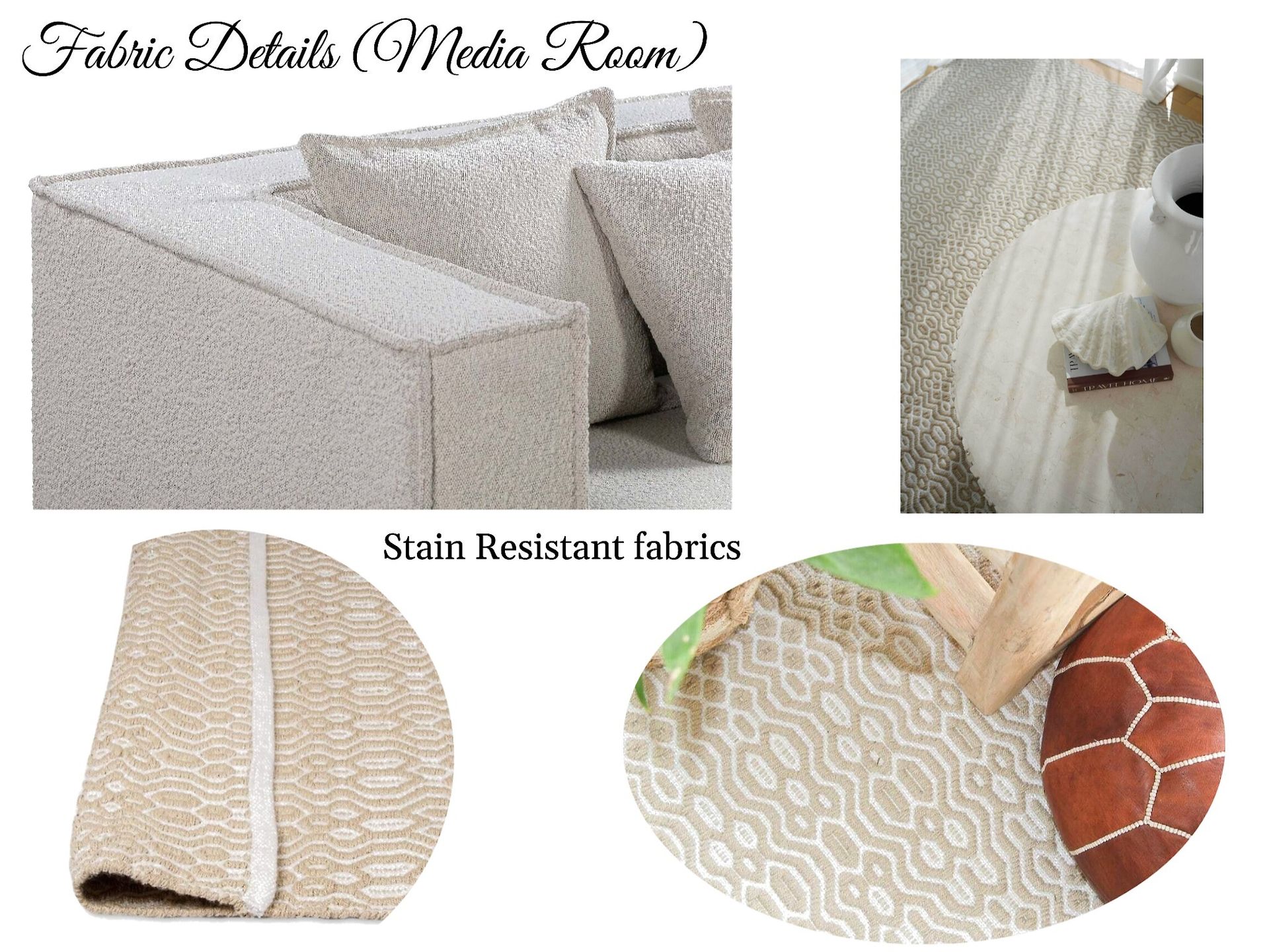 A collage of fabric details for a media room
