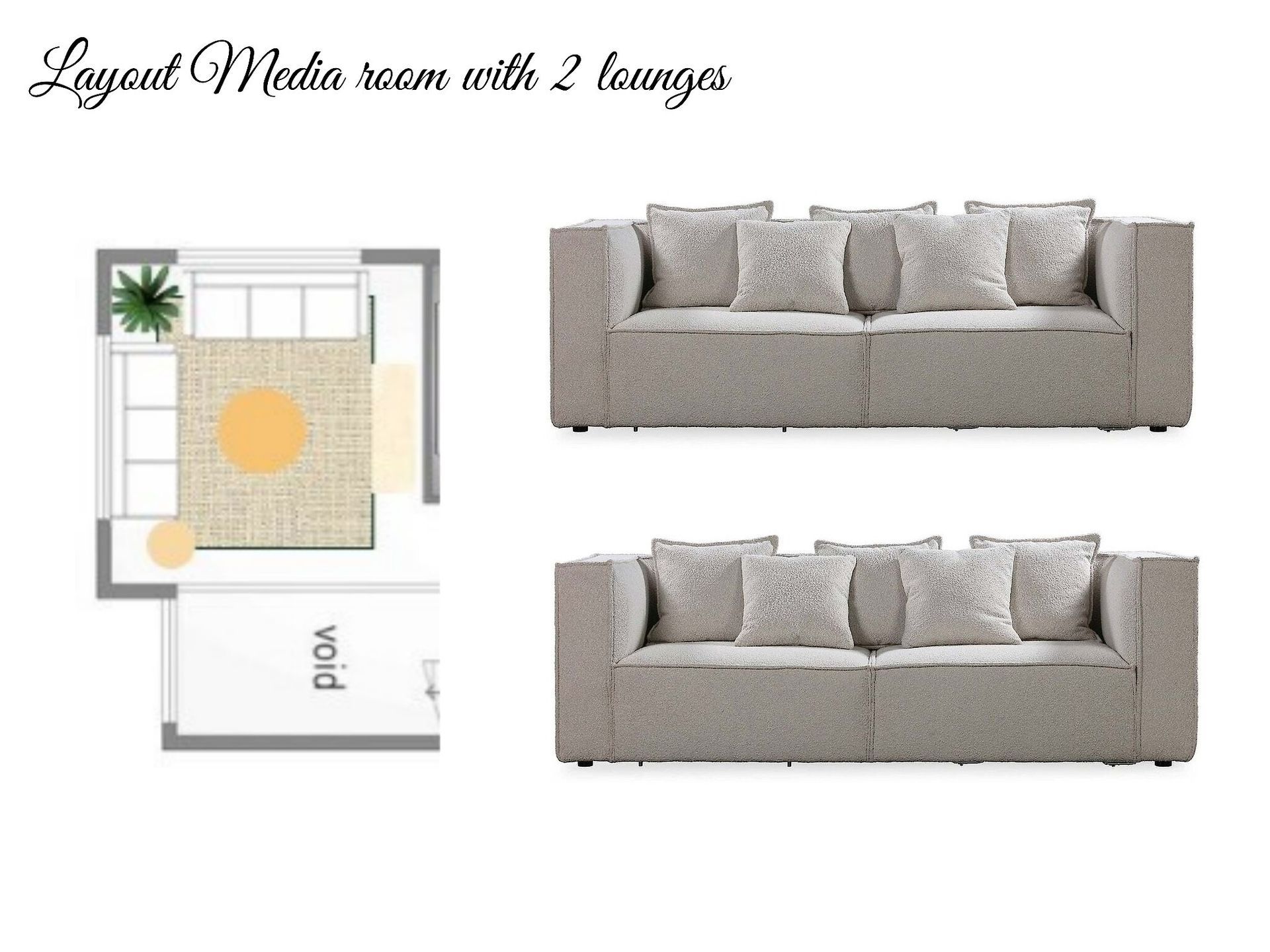 A layout of a media room with two couches and a rug