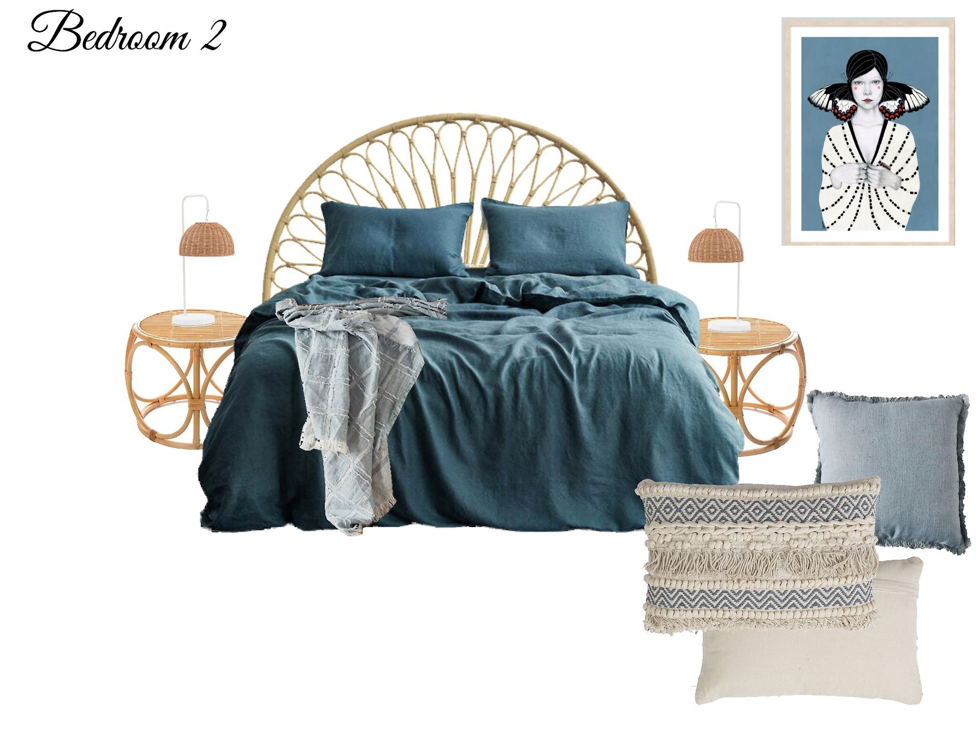 A bedroom with a bed , nightstands , pillows and a picture on the wall.