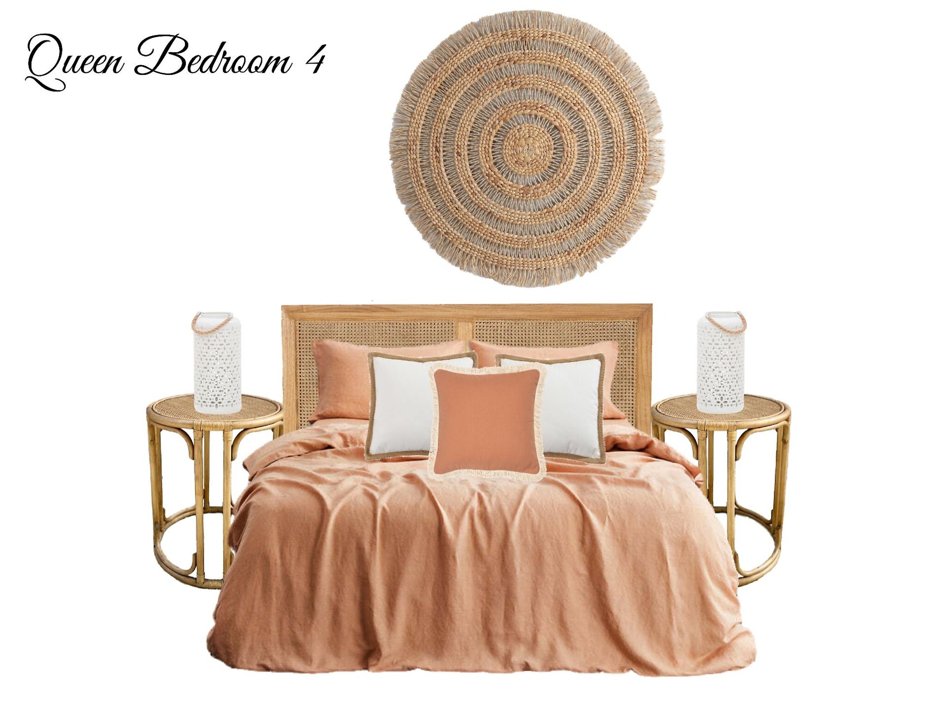 A bedroom with a bed , nightstands , and a rug on the wall.