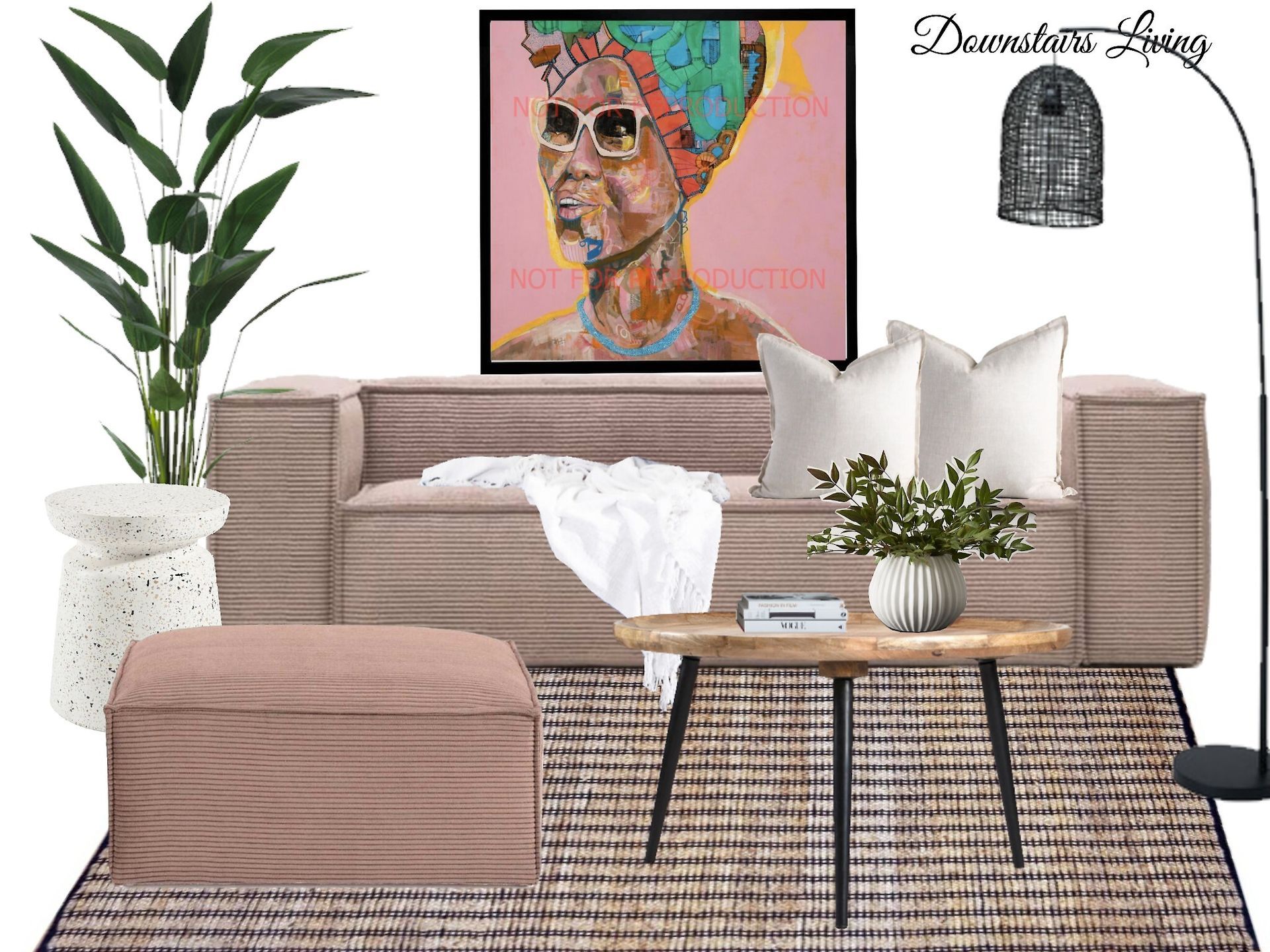 A living room with a couch , coffee table , ottoman and painting on the wall.