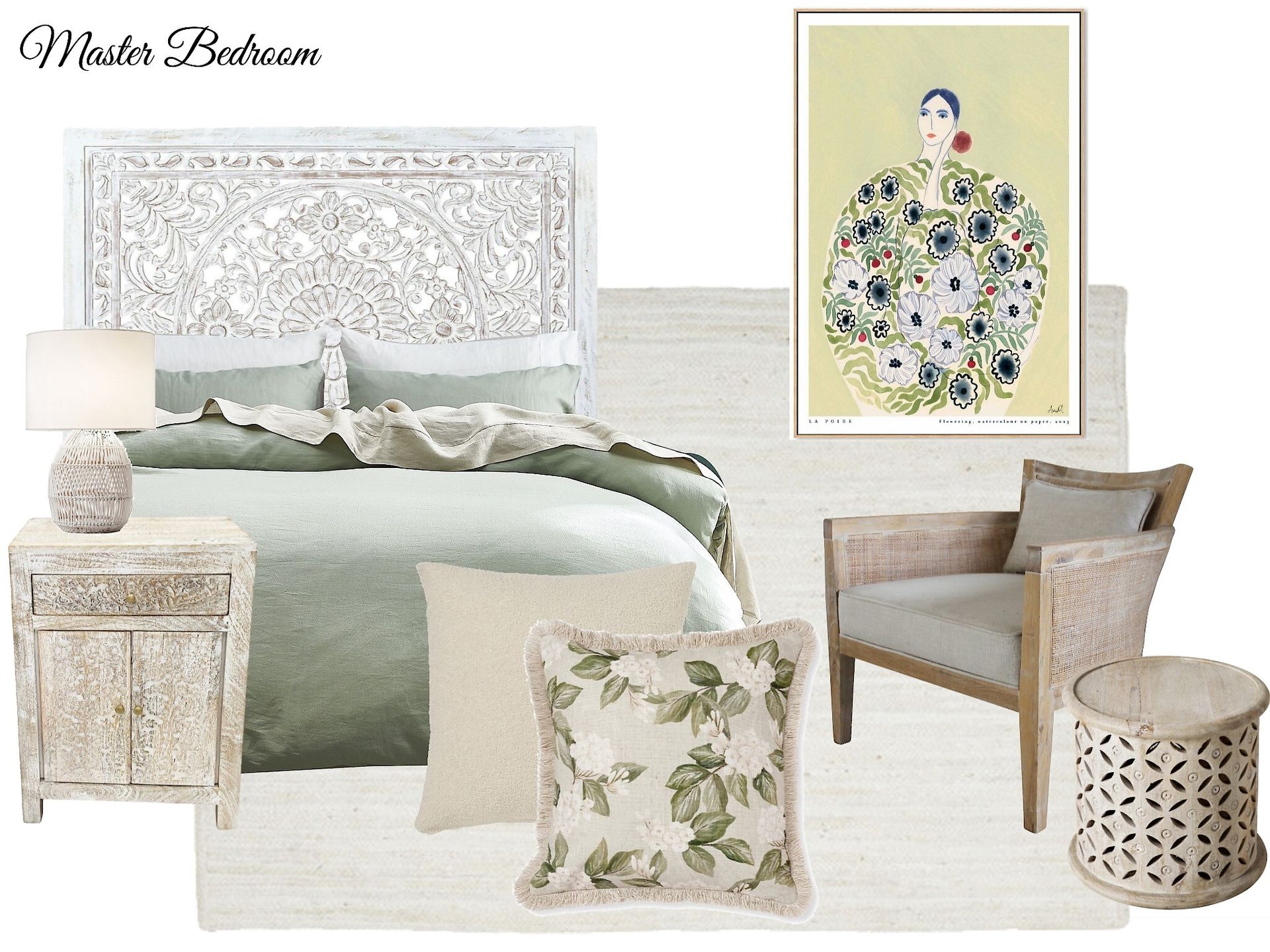 A bedroom with a bed , chair , nightstand , and a picture on the wall.