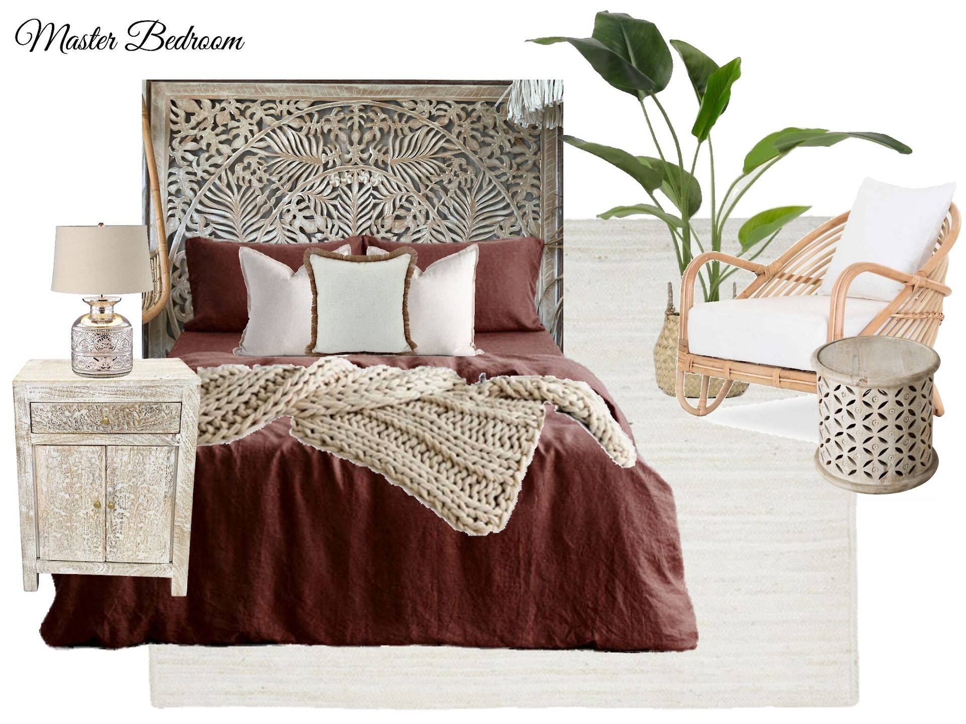A bedroom with a bed , nightstand , chair and plant.