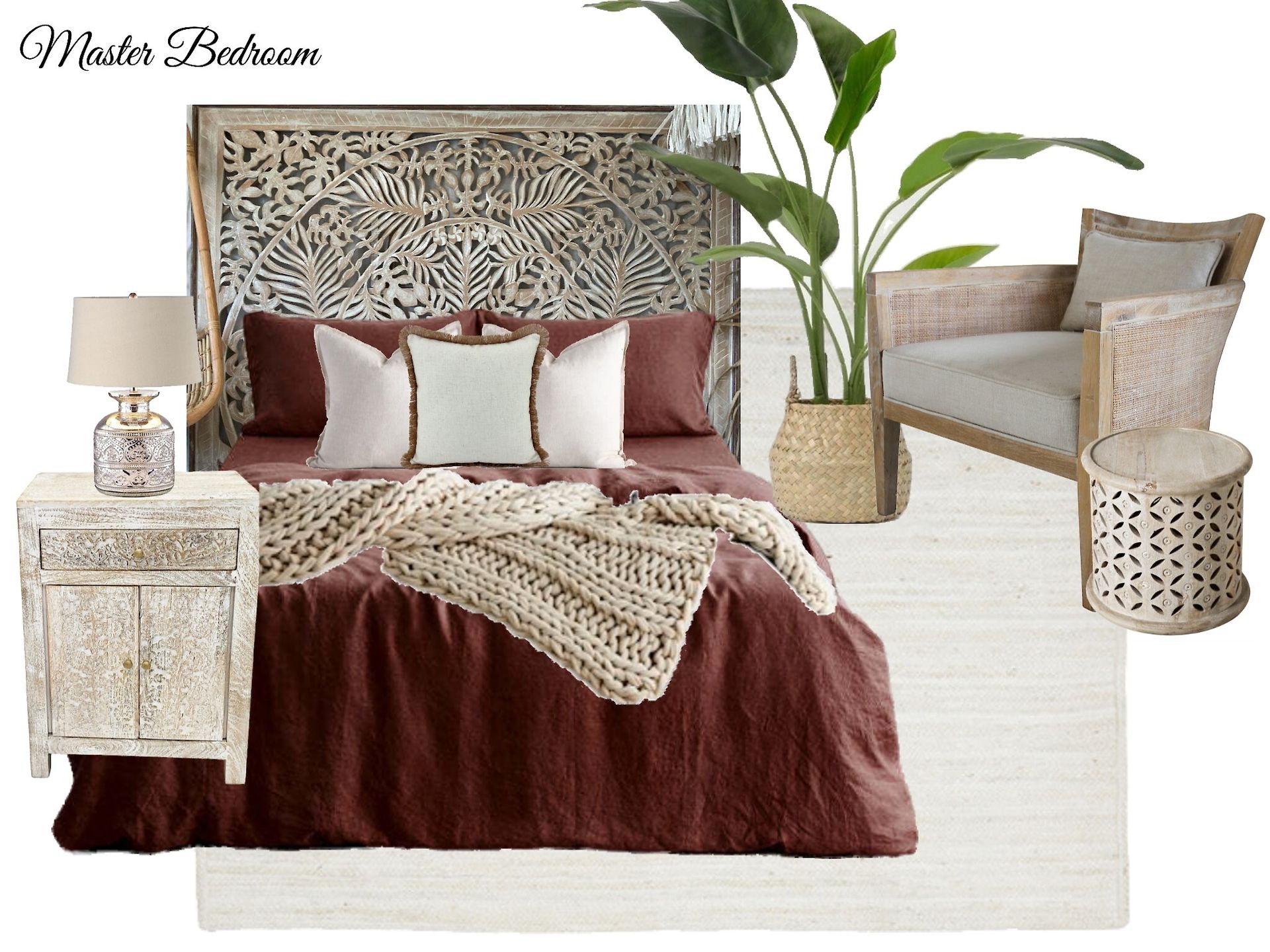A bedroom with a bed , nightstand , chair and plant.