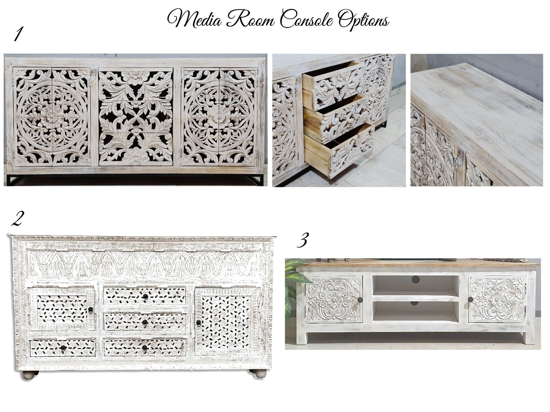A white wooden entertainment center with drawers and doors.
