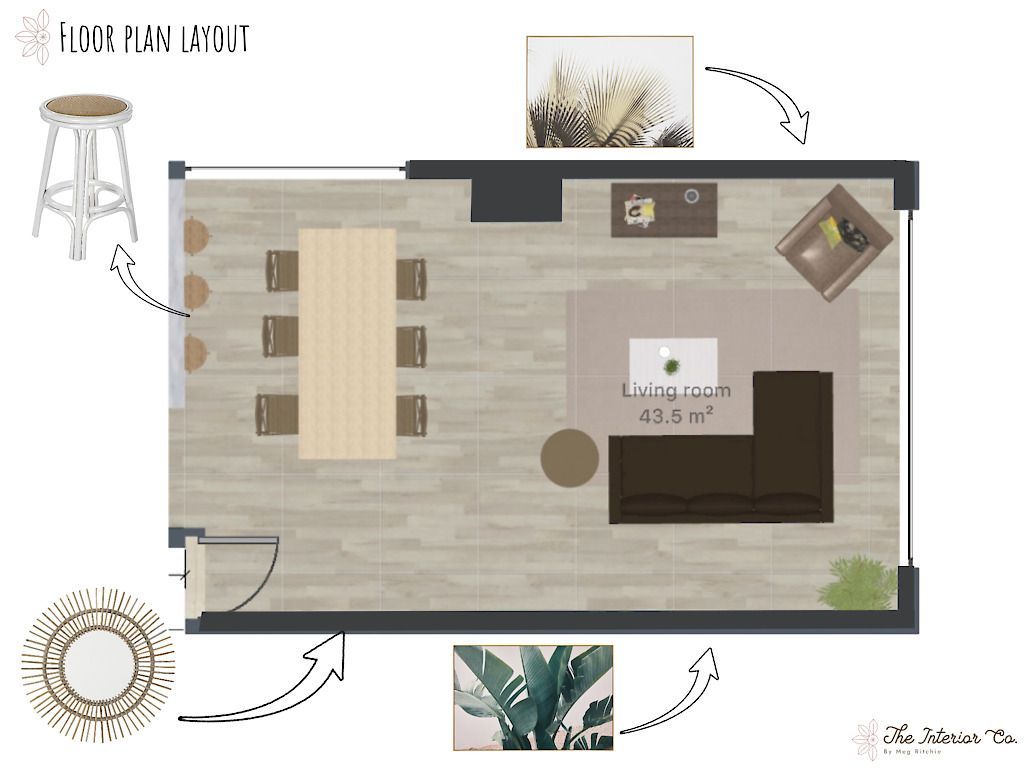 A floor plan of a living room with a couch , table and chairs.