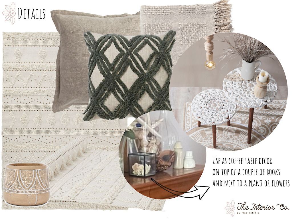 A collage of pictures of a living room with a pillow and a table.