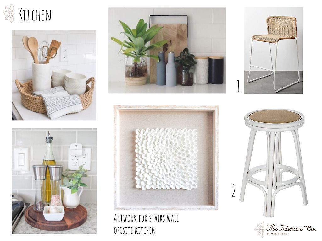 A collage of pictures of a kitchen with a stool , chair , plants and utensils.